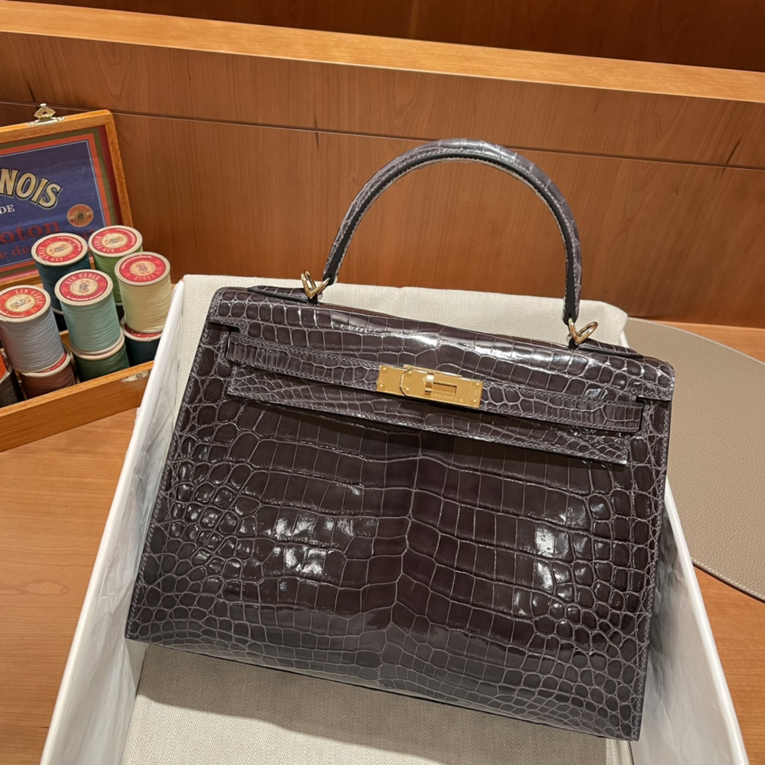 에르메스 켈리백32 브라운 금장 샤이니 악어가죽